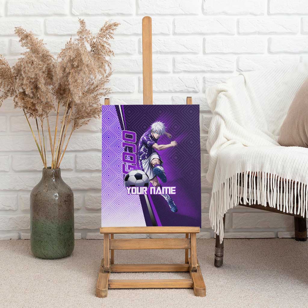 Personalized Gojo Satoru Jujutsu Kaisen Soccer Theme Canvas Wall Art with Kicking Pose and Purple Gradient Geometric Graphic Design - The Mazicc