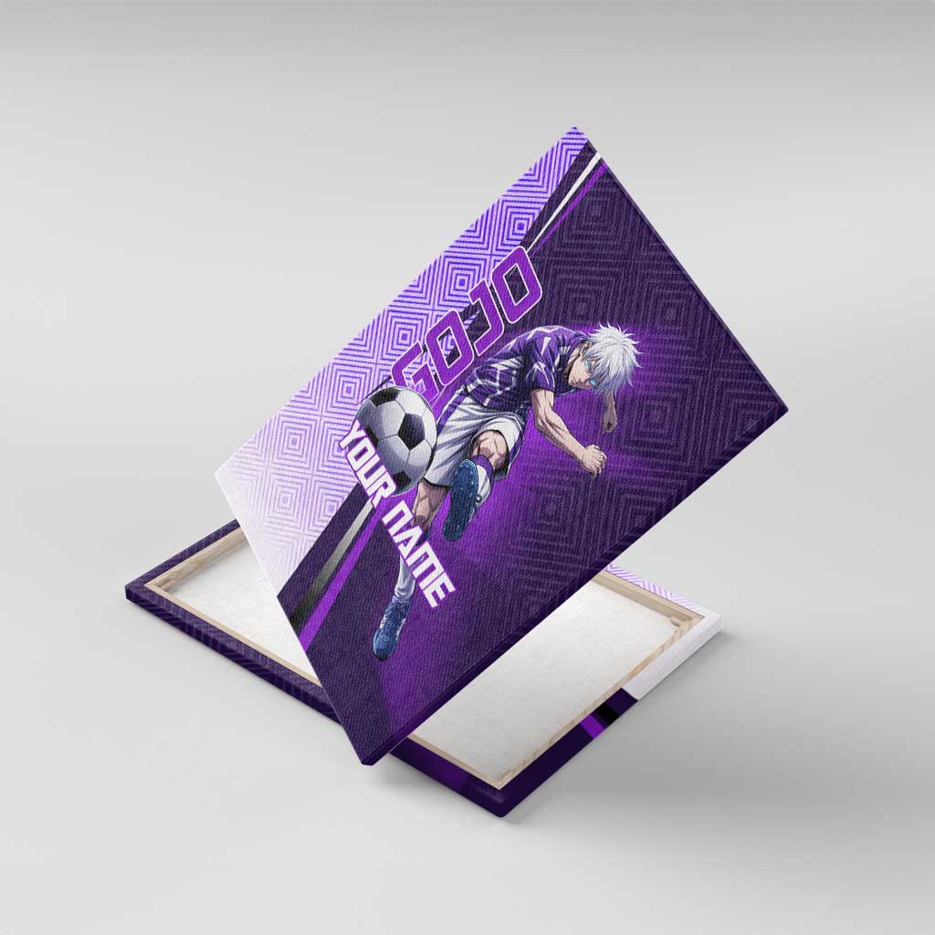 Personalized Gojo Satoru Jujutsu Kaisen Soccer Theme Canvas Wall Art with Kicking Pose and Purple Gradient Geometric Graphic Design - The Mazicc