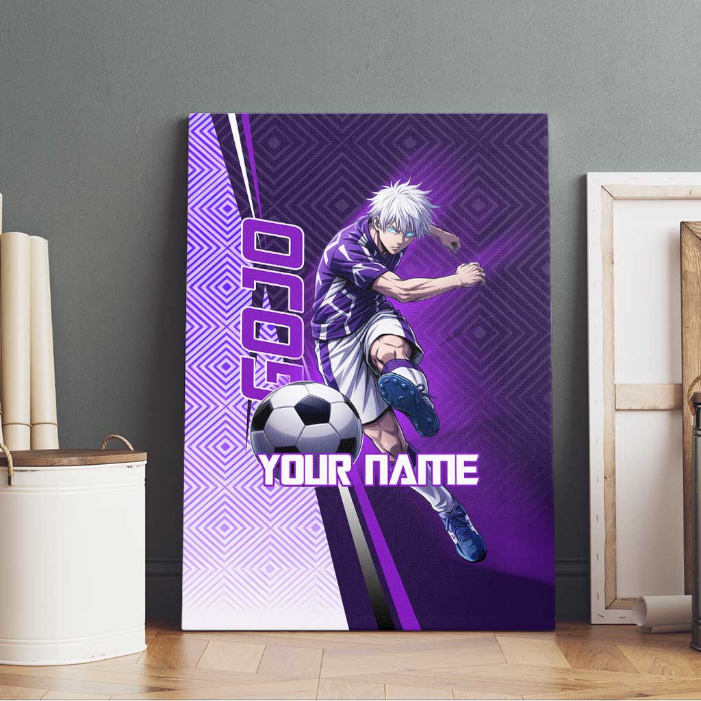 Personalized Gojo Satoru Jujutsu Kaisen Soccer Theme Canvas Wall Art with Kicking Pose and Purple Gradient Geometric Graphic Design - The Mazicc
