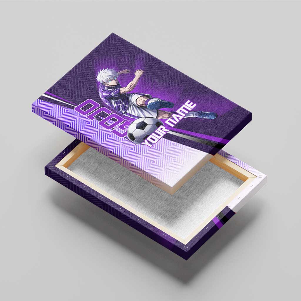 Personalized Gojo Satoru Jujutsu Kaisen Soccer Theme Canvas Wall Art with Kicking Pose and Purple Gradient Geometric Graphic Design - The Mazicc