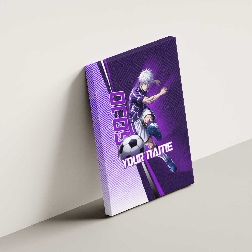Personalized Gojo Satoru Jujutsu Kaisen Soccer Theme Canvas Wall Art with Kicking Pose and Purple Gradient Geometric Graphic Design - The Mazicc