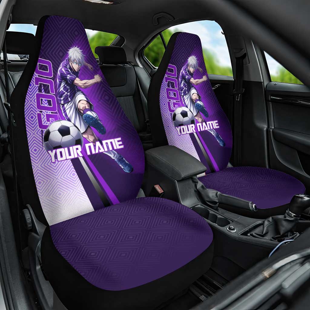 Personalized Gojo Satoru Jujutsu Kaisen Soccer Theme Car Seat Cover with Kicking Pose and Purple Gradient Geometric Graphic Design - The Mazicc
