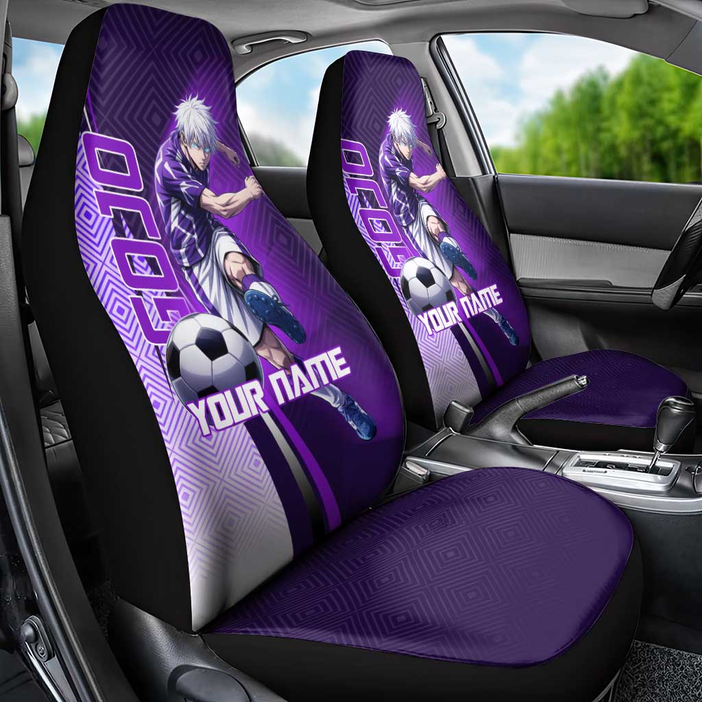 Personalized Gojo Satoru Jujutsu Kaisen Soccer Theme Car Seat Cover with Kicking Pose and Purple Gradient Geometric Graphic Design - The Mazicc