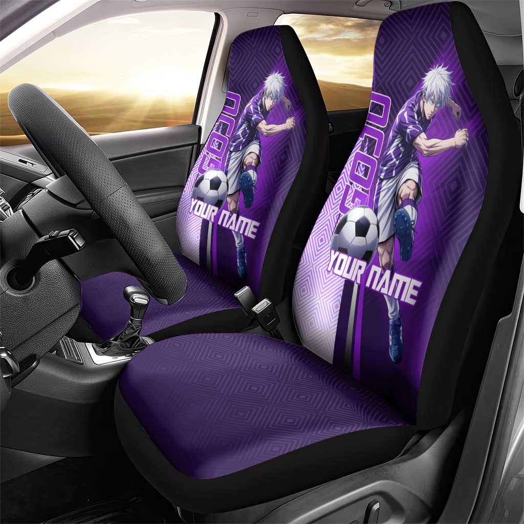 Personalized Gojo Satoru Jujutsu Kaisen Soccer Theme Car Seat Cover with Kicking Pose and Purple Gradient Geometric Graphic Design - The Mazicc