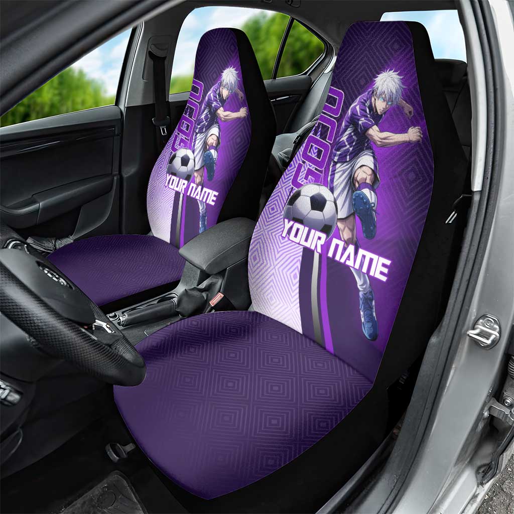Personalized Gojo Satoru Jujutsu Kaisen Soccer Theme Car Seat Cover with Kicking Pose and Purple Gradient Geometric Graphic Design - The Mazicc