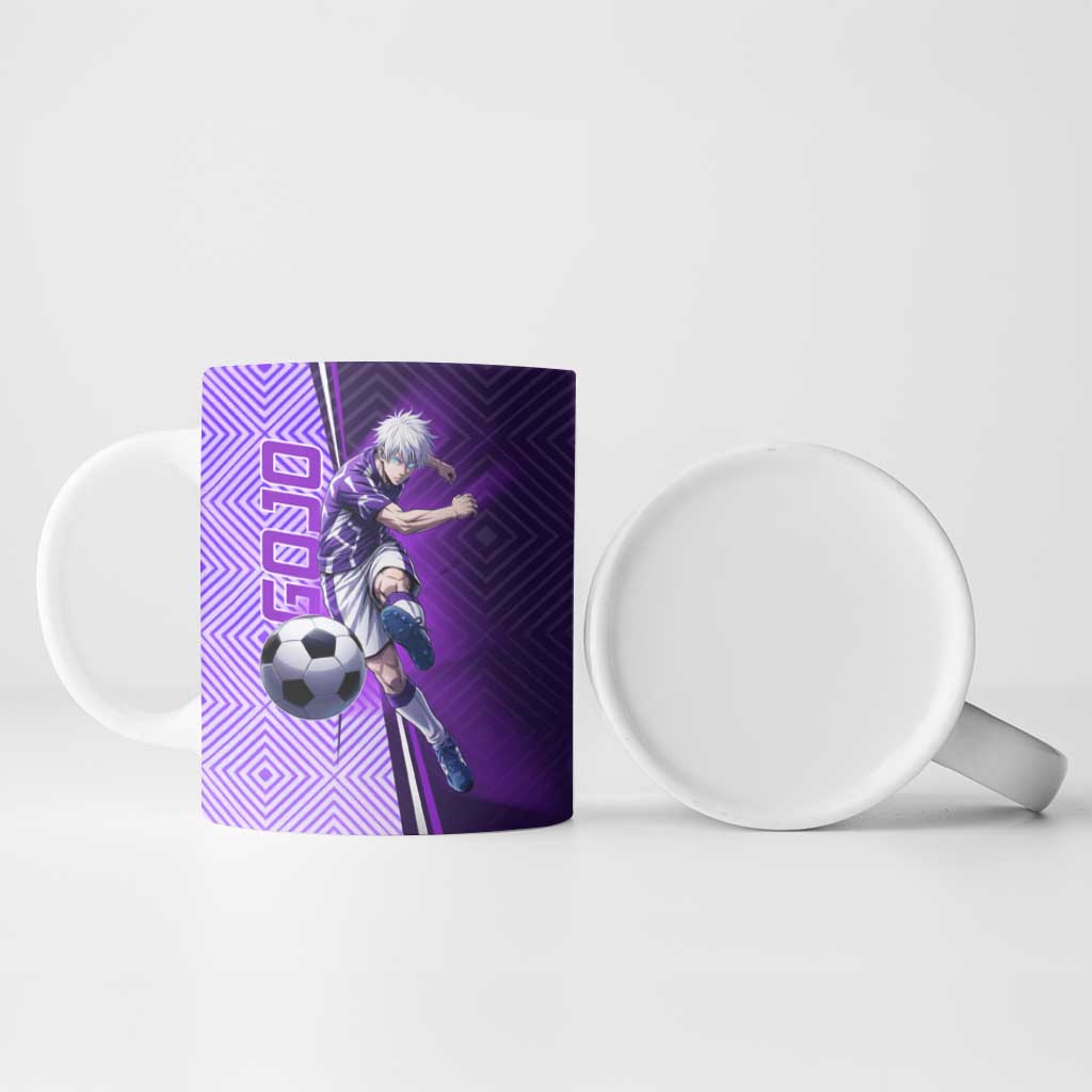 Personalized Gojo Satoru Jujutsu Kaisen Soccer Theme Ceramic Mug with Kicking Pose and Purple Gradient Geometric Graphic Design - The Mazicc