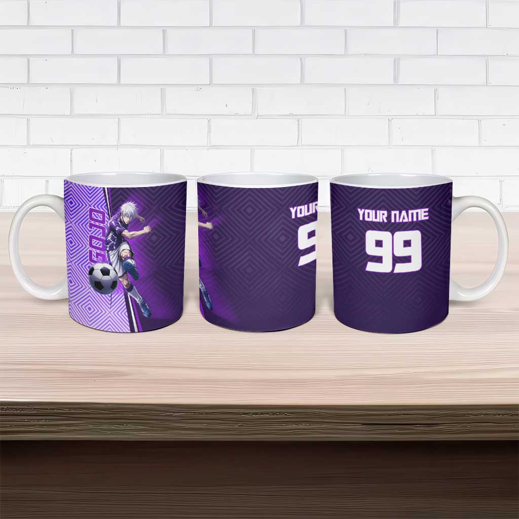 Personalized Gojo Satoru Jujutsu Kaisen Soccer Theme Ceramic Mug with Kicking Pose and Purple Gradient Geometric Graphic Design - The Mazicc