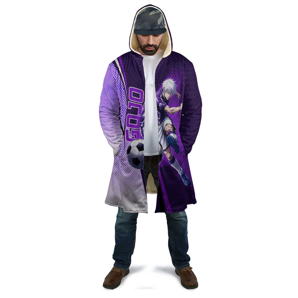 Personalized Gojo Satoru Jujutsu Kaisen Soccer Theme Cloak with Kicking Pose and Purple Gradient Geometric Graphic Design - The Mazicc