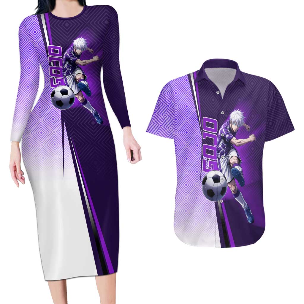 Personalized Gojo Satoru Jujutsu Kaisen Soccer Theme Couples Matching Long Sleeve Bodycon Dress and Hawaiian Shirt with Kicking Pose and Purple Gradient Geometric Graphic Design - The Mazicc