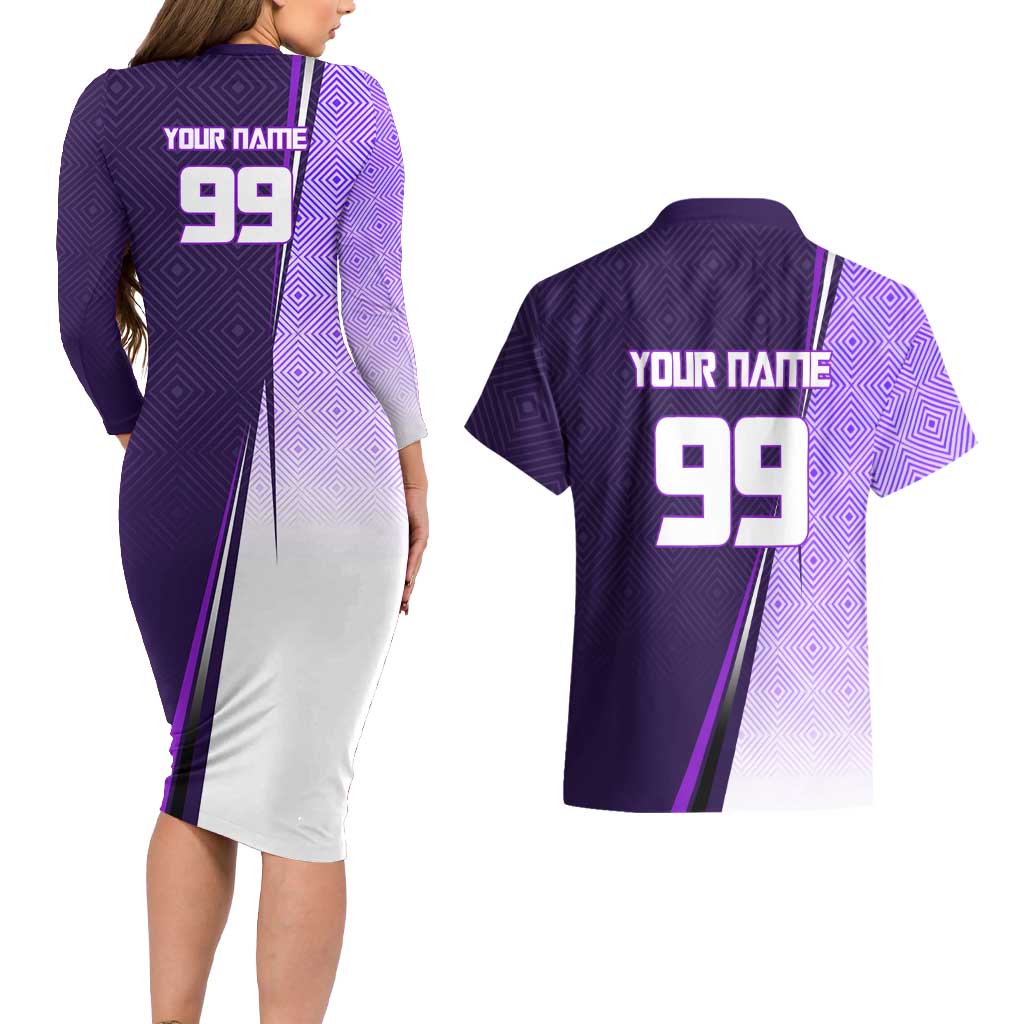 Personalized Gojo Satoru Jujutsu Kaisen Soccer Theme Couples Matching Long Sleeve Bodycon Dress and Hawaiian Shirt with Kicking Pose and Purple Gradient Geometric Graphic Design - The Mazicc
