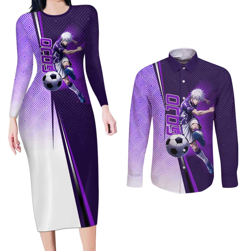 Personalized Gojo Satoru Jujutsu Kaisen Soccer Theme Couples Matching Long Sleeve Bodycon Dress and Long Sleeve Button Shirt with Kicking Pose and Purple Gradient Geometric Graphic Design - The Mazicc
