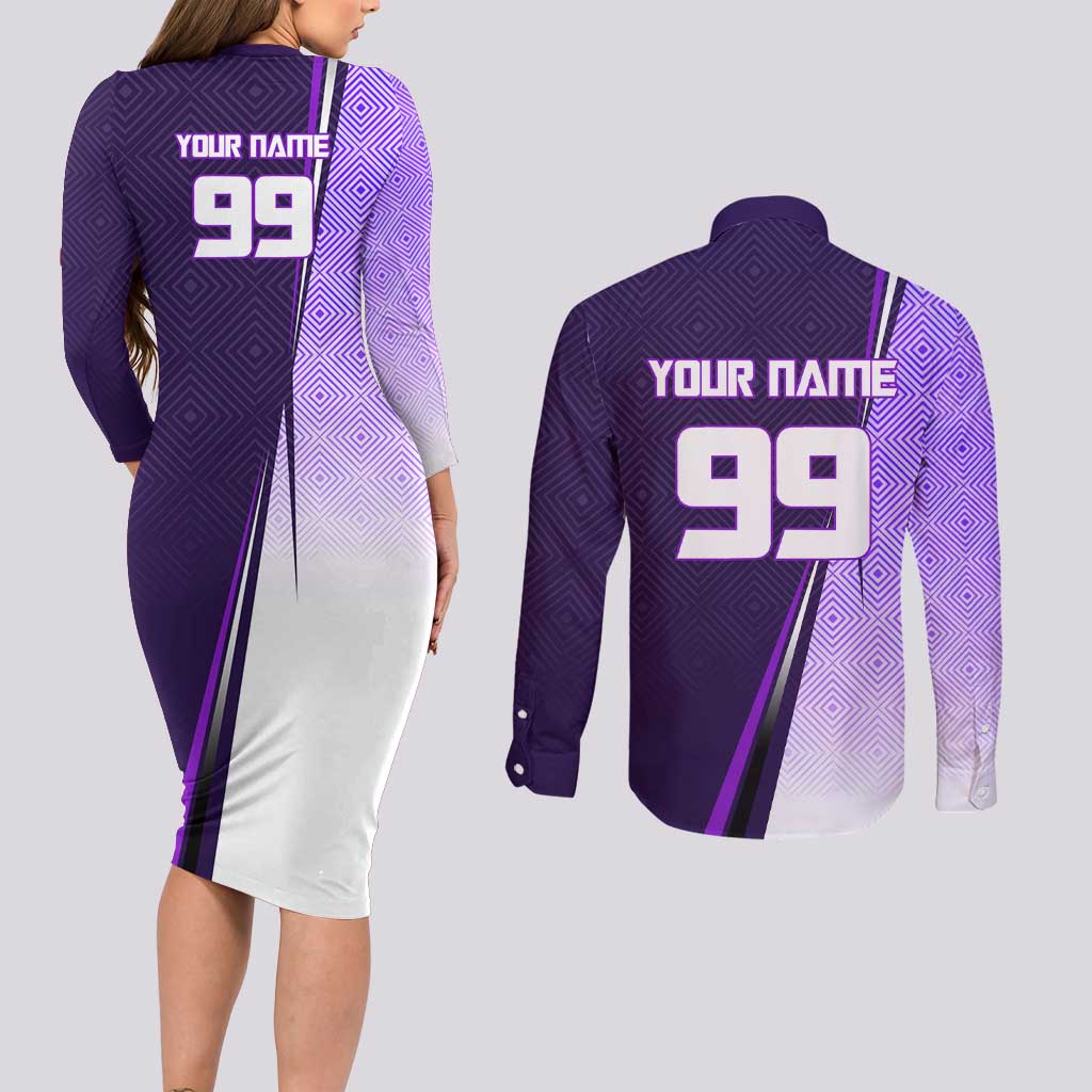 Personalized Gojo Satoru Jujutsu Kaisen Soccer Theme Couples Matching Long Sleeve Bodycon Dress and Long Sleeve Button Shirt with Kicking Pose and Purple Gradient Geometric Graphic Design - The Mazicc