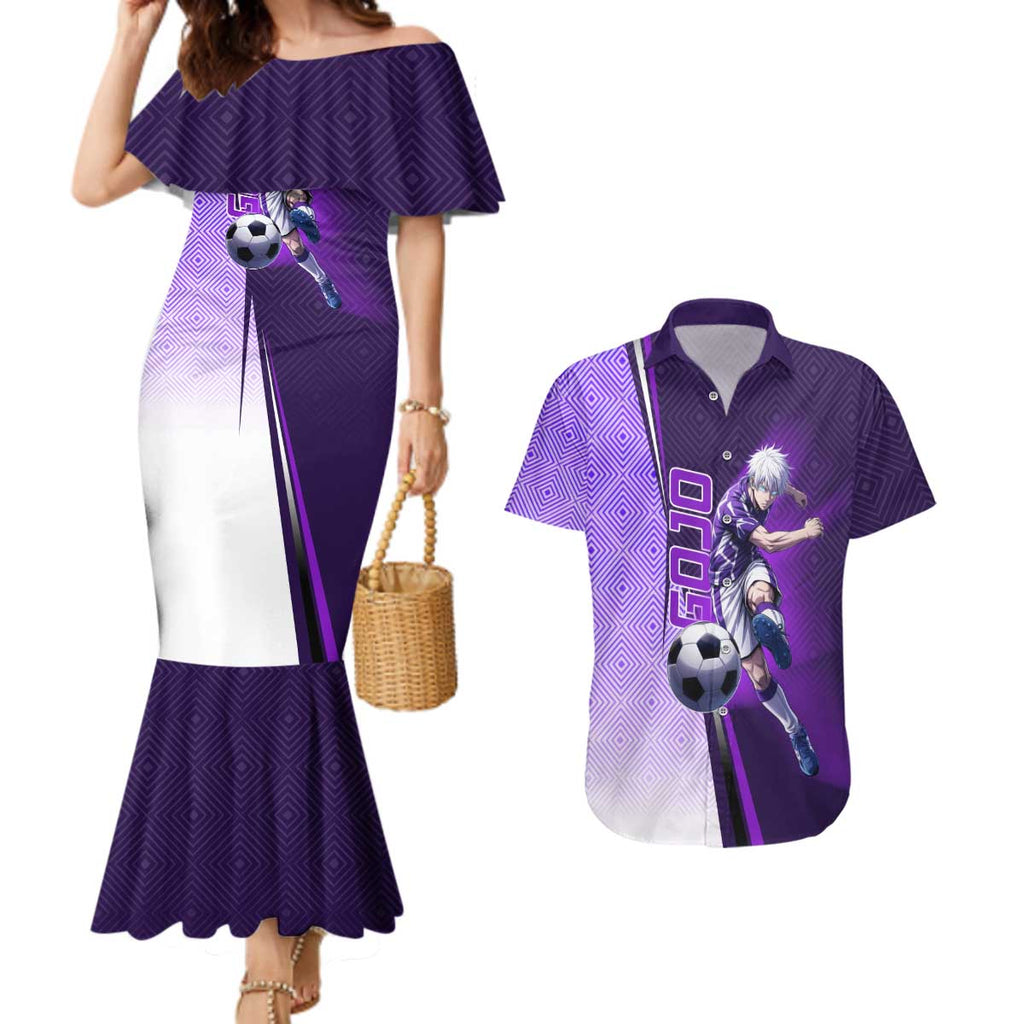 Personalized Gojo Satoru Jujutsu Kaisen Soccer Theme Couples Matching Mermaid Dress and Hawaiian Shirt with Kicking Pose and Purple Gradient Geometric Graphic Design - The Mazicc