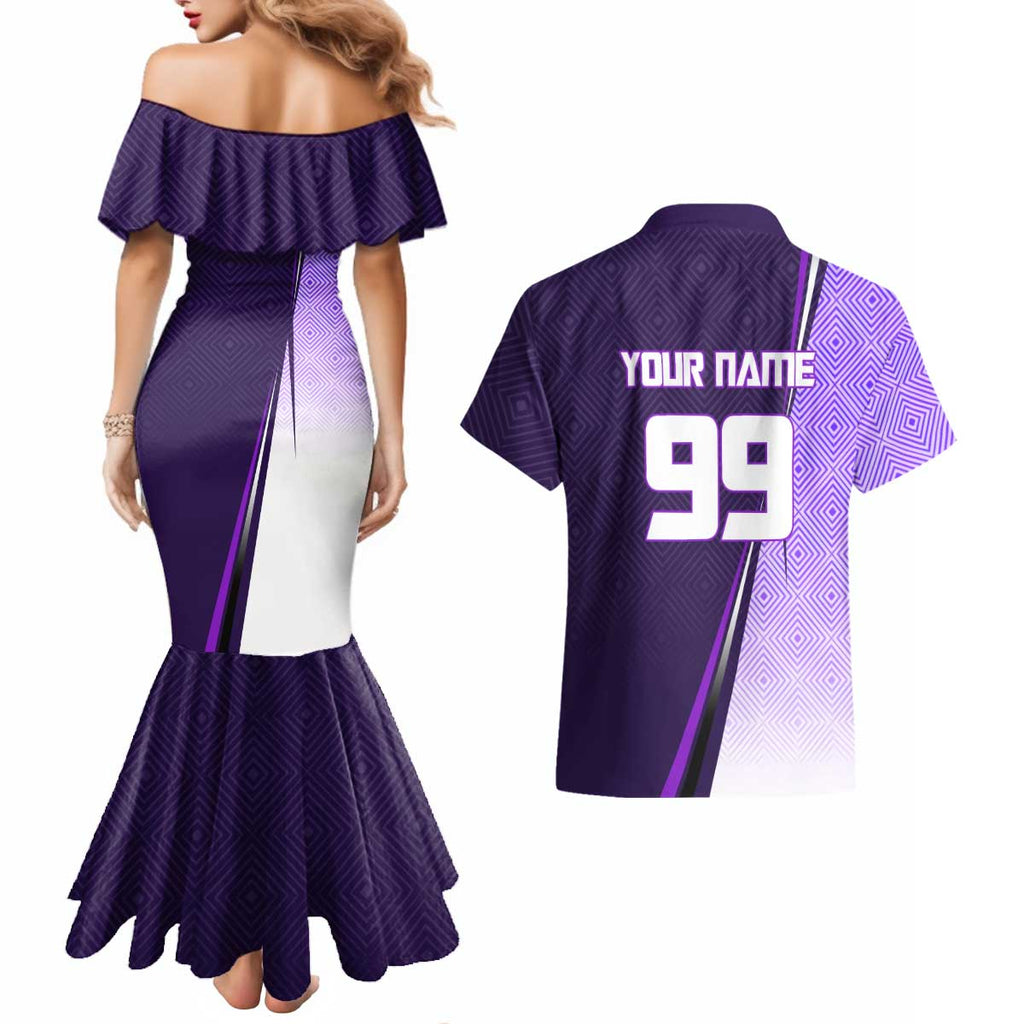 Personalized Gojo Satoru Jujutsu Kaisen Soccer Theme Couples Matching Mermaid Dress and Hawaiian Shirt with Kicking Pose and Purple Gradient Geometric Graphic Design - The Mazicc