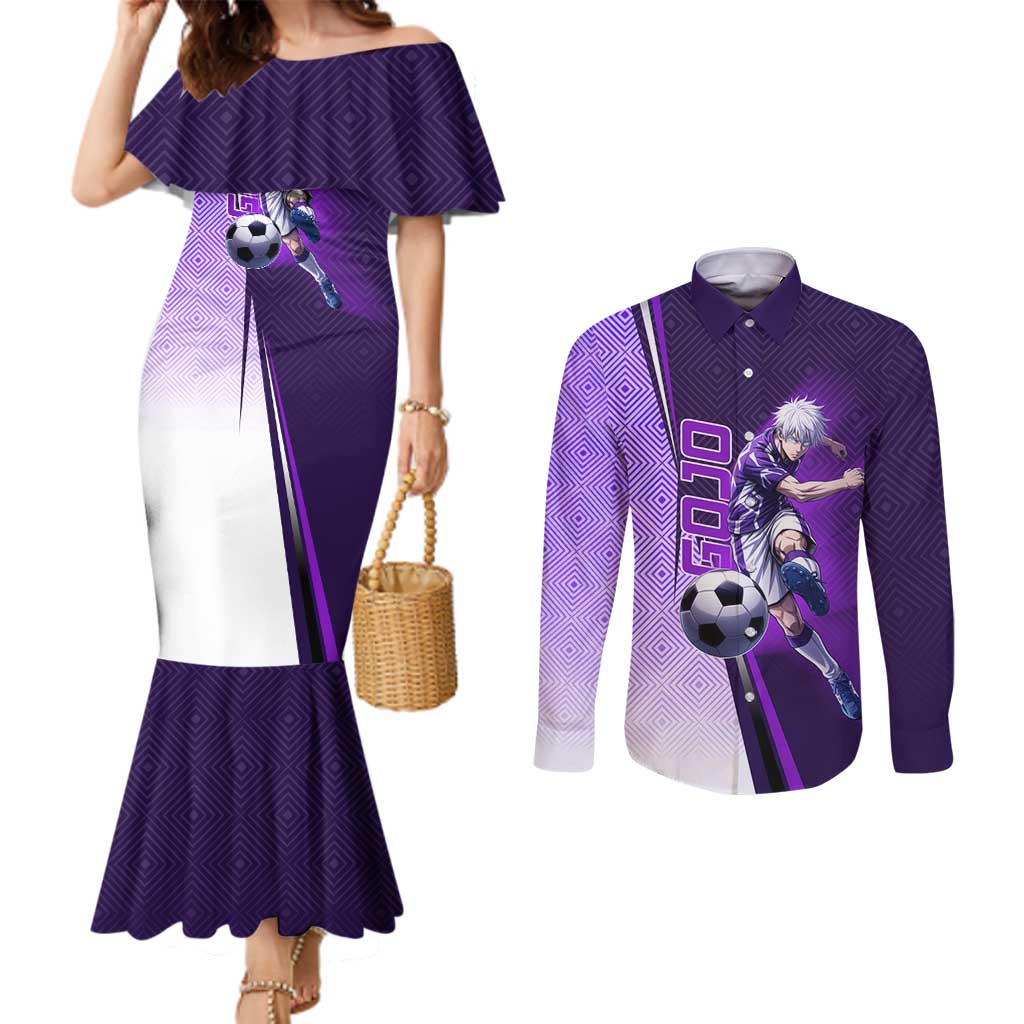 Personalized Gojo Satoru Jujutsu Kaisen Soccer Theme Couples Matching Mermaid Dress and Long Sleeve Button Shirt with Kicking Pose and Purple Gradient Geometric Graphic Design - The Mazicc