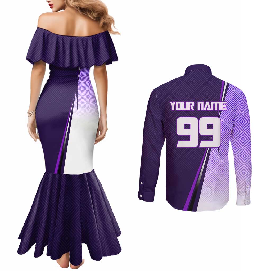 Personalized Gojo Satoru Jujutsu Kaisen Soccer Theme Couples Matching Mermaid Dress and Long Sleeve Button Shirt with Kicking Pose and Purple Gradient Geometric Graphic Design - The Mazicc