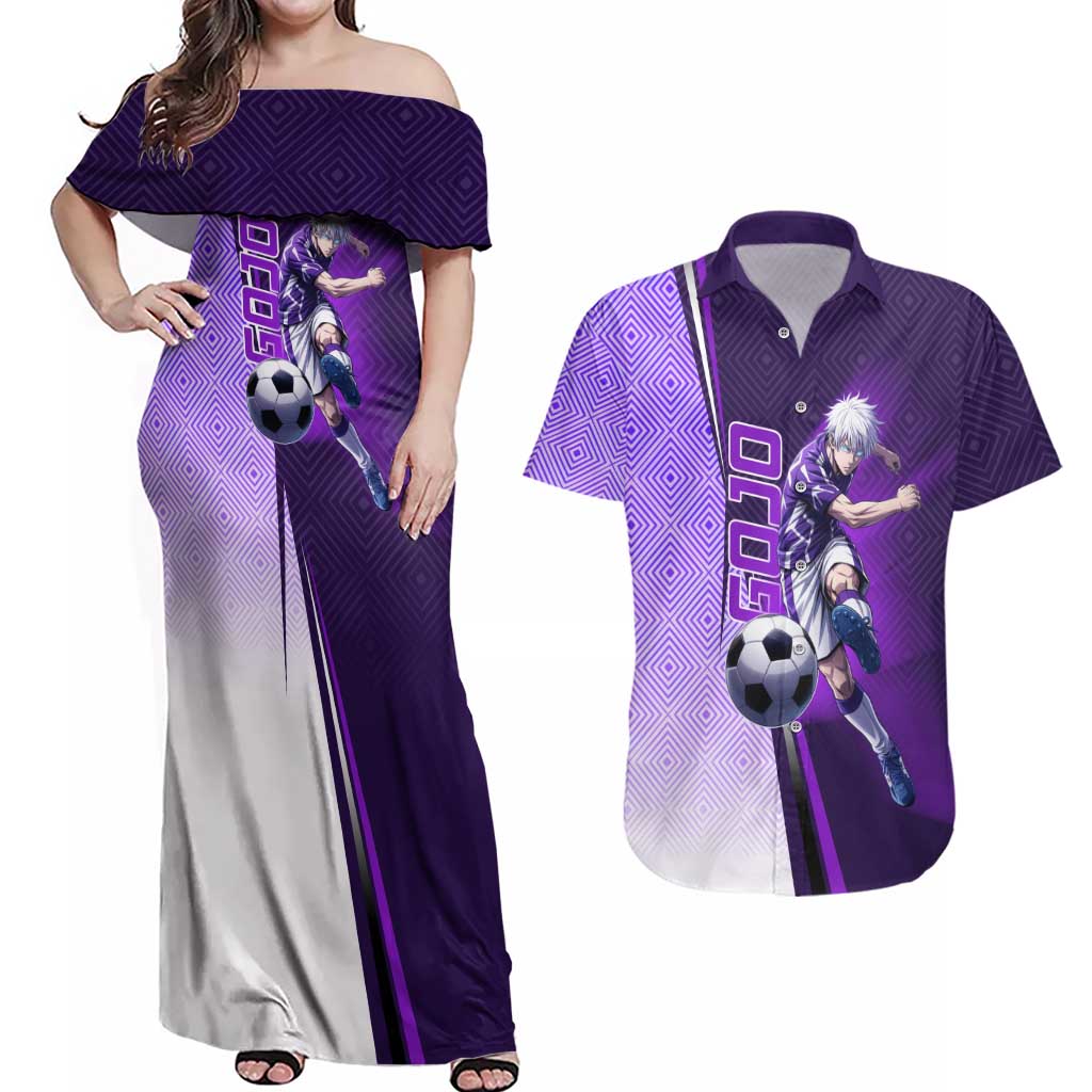 Personalized Gojo Satoru Jujutsu Kaisen Soccer Theme Couples Matching Off Shoulder Maxi Dress and Hawaiian Shirt with Kicking Pose and Purple Gradient Geometric Graphic Design - The Mazicc
