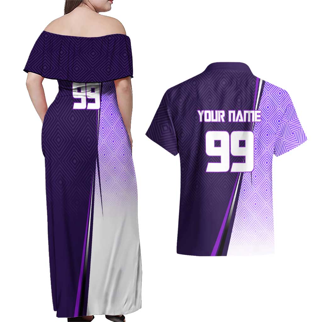 Personalized Gojo Satoru Jujutsu Kaisen Soccer Theme Couples Matching Off Shoulder Maxi Dress and Hawaiian Shirt with Kicking Pose and Purple Gradient Geometric Graphic Design - The Mazicc