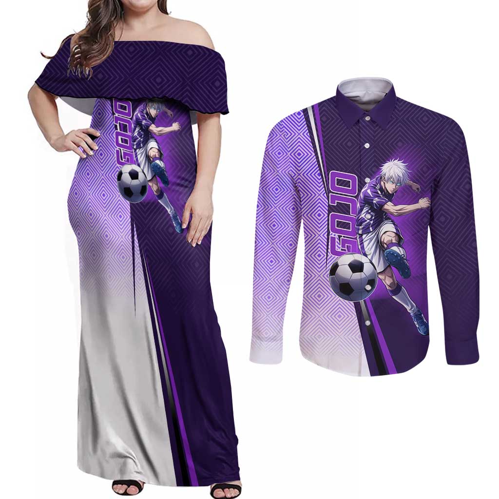 Personalized Gojo Satoru Jujutsu Kaisen Soccer Theme Couples Matching Off Shoulder Maxi Dress and Long Sleeve Button Shirt with Kicking Pose and Purple Gradient Geometric Graphic Design - The Mazicc