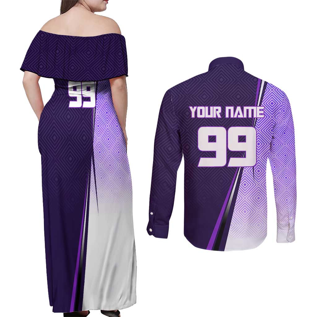Personalized Gojo Satoru Jujutsu Kaisen Soccer Theme Couples Matching Off Shoulder Maxi Dress and Long Sleeve Button Shirt with Kicking Pose and Purple Gradient Geometric Graphic Design - The Mazicc