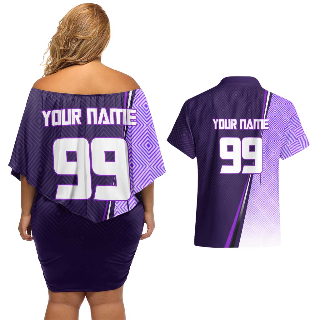 Personalized Gojo Satoru Jujutsu Kaisen Soccer Theme Couples Matching Off Shoulder Short Dress and Hawaiian Shirt with Kicking Pose and Purple Gradient Geometric Graphic Design - The Mazicc