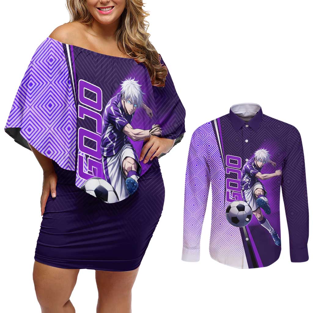 Personalized Gojo Satoru Jujutsu Kaisen Soccer Theme Couples Matching Off Shoulder Short Dress and Long Sleeve Button Shirt with Kicking Pose and Purple Gradient Geometric Graphic Design - The Mazicc
