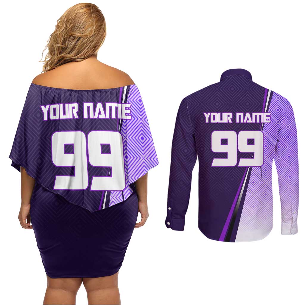 Personalized Gojo Satoru Jujutsu Kaisen Soccer Theme Couples Matching Off Shoulder Short Dress and Long Sleeve Button Shirt with Kicking Pose and Purple Gradient Geometric Graphic Design - The Mazicc