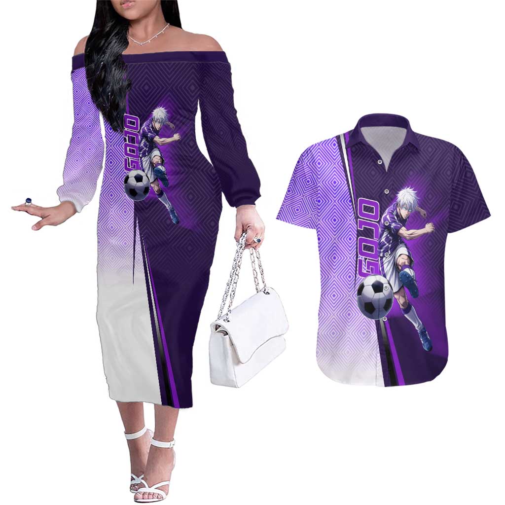 Personalized Gojo Satoru Jujutsu Kaisen Soccer Theme Couples Matching Off The Shoulder Long Sleeve Dress and Hawaiian Shirt with Kicking Pose and Purple Gradient Geometric Graphic Design - The Mazicc