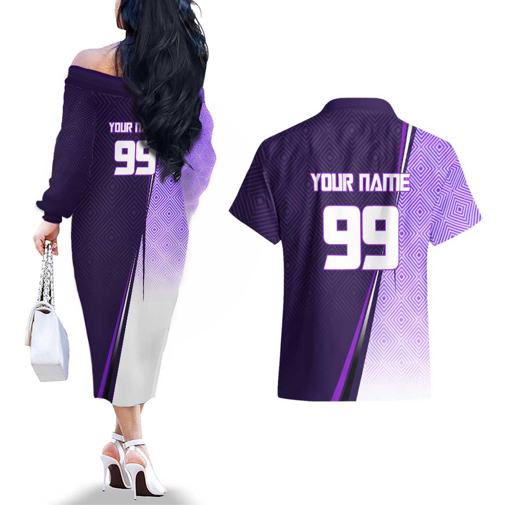 Personalized Gojo Satoru Jujutsu Kaisen Soccer Theme Couples Matching Off The Shoulder Long Sleeve Dress and Hawaiian Shirt with Kicking Pose and Purple Gradient Geometric Graphic Design - The Mazicc