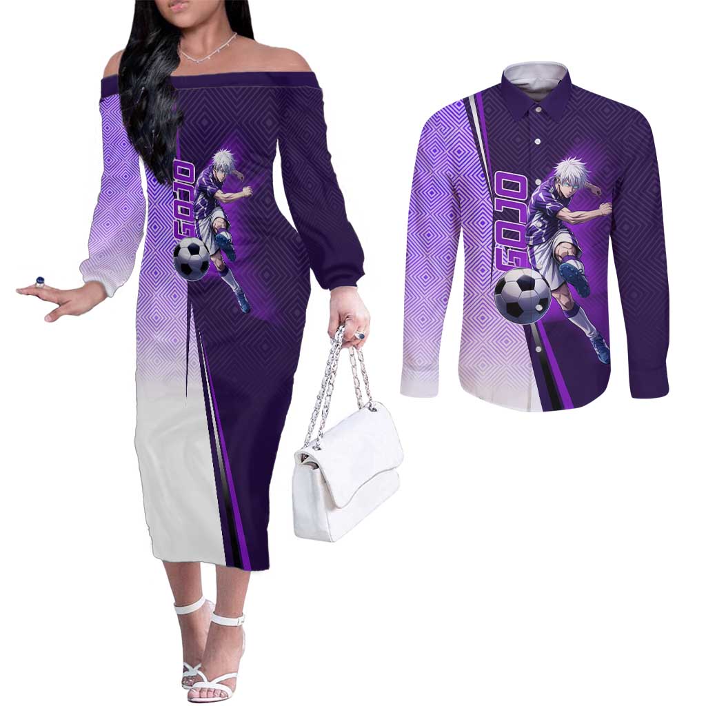 Personalized Gojo Satoru Jujutsu Kaisen Soccer Theme Couples Matching Off The Shoulder Long Sleeve Dress and Long Sleeve Button Shirt with Kicking Pose and Purple Gradient Geometric Graphic Design - The Mazicc