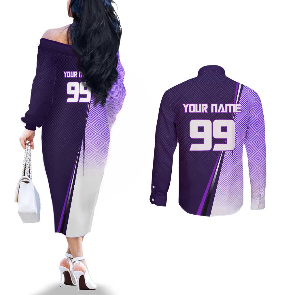 Personalized Gojo Satoru Jujutsu Kaisen Soccer Theme Couples Matching Off The Shoulder Long Sleeve Dress and Long Sleeve Button Shirt with Kicking Pose and Purple Gradient Geometric Graphic Design - The Mazicc