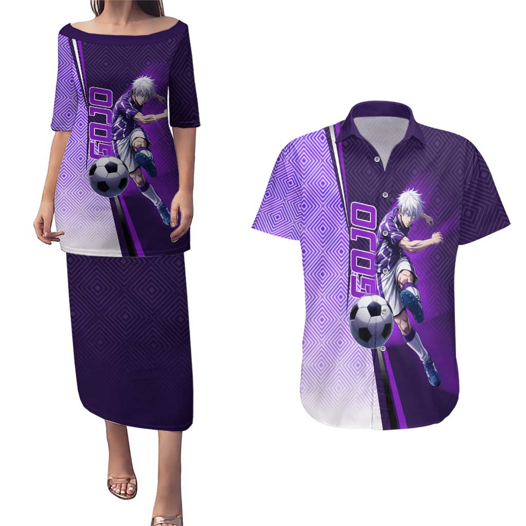 Personalized Gojo Satoru Jujutsu Kaisen Soccer Theme Couples Matching Puletasi and Hawaiian Shirt with Kicking Pose and Purple Gradient Geometric Graphic Design - The Mazicc