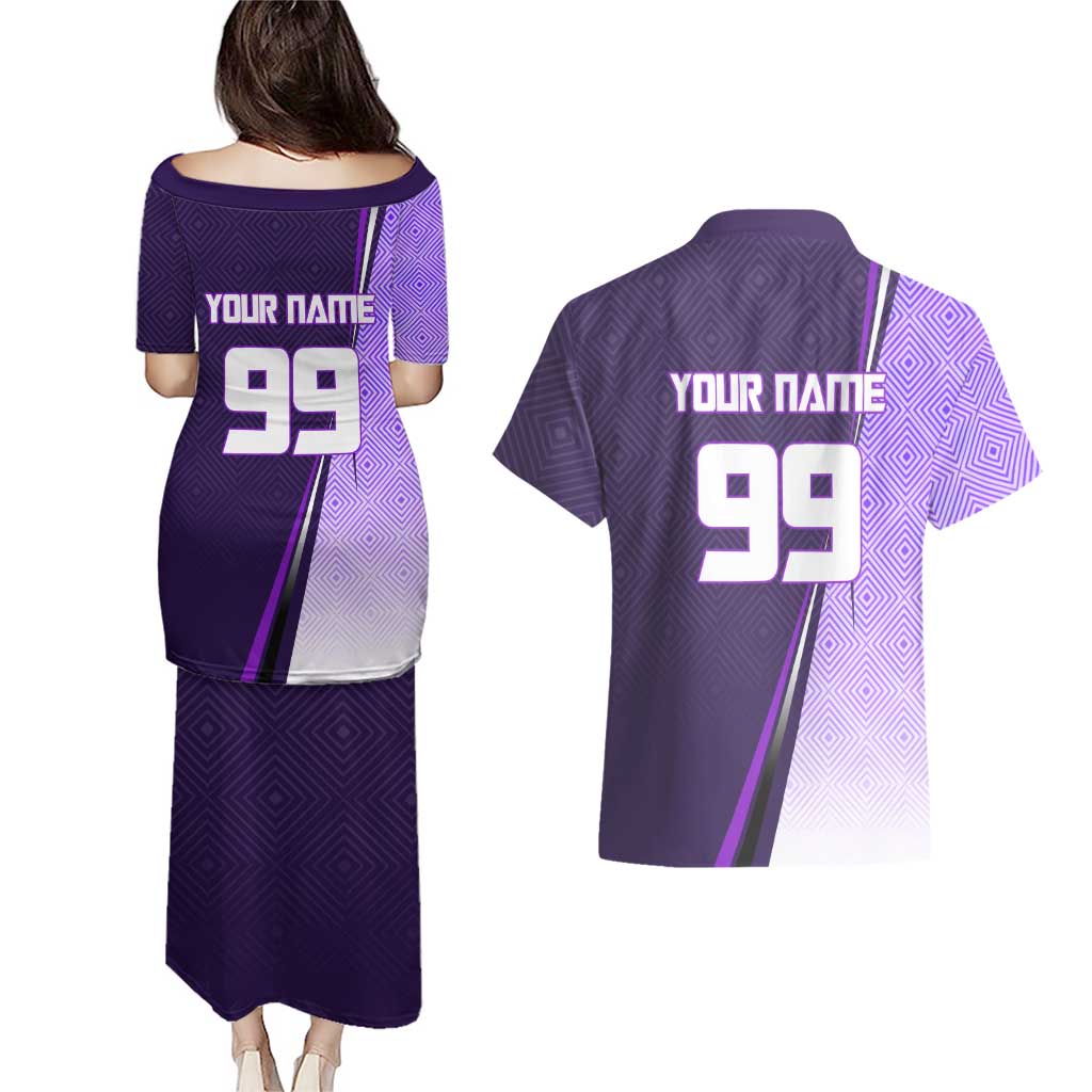 Personalized Gojo Satoru Jujutsu Kaisen Soccer Theme Couples Matching Puletasi and Hawaiian Shirt with Kicking Pose and Purple Gradient Geometric Graphic Design - The Mazicc