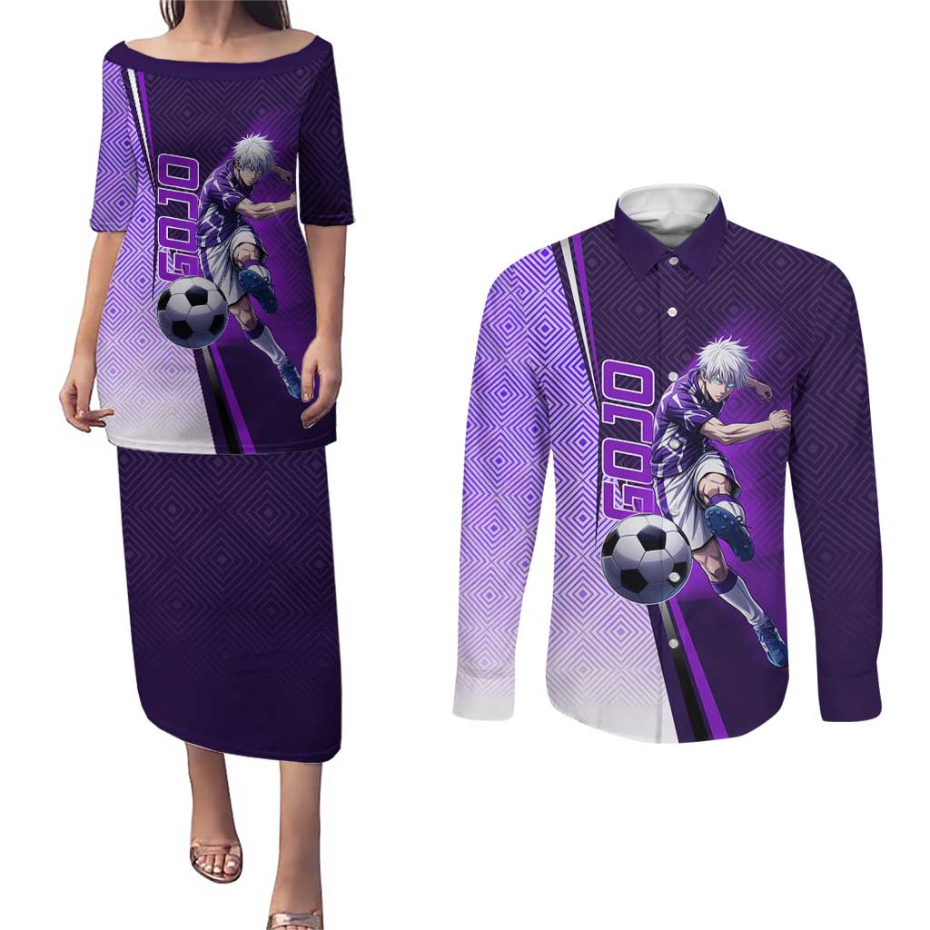 Personalized Gojo Satoru Jujutsu Kaisen Soccer Theme Couples Matching Puletasi and Long Sleeve Button Shirt with Kicking Pose and Purple Gradient Geometric Graphic Design - The Mazicc