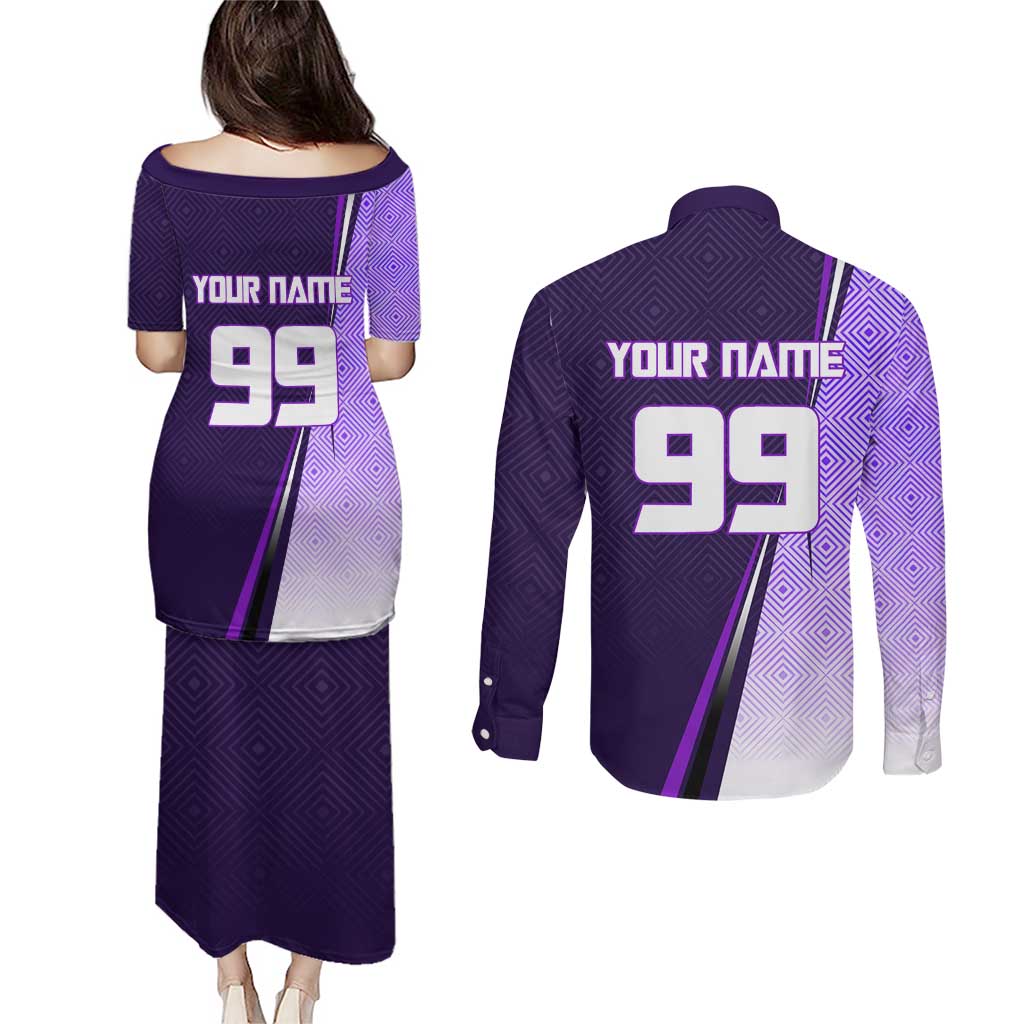 Personalized Gojo Satoru Jujutsu Kaisen Soccer Theme Couples Matching Puletasi and Long Sleeve Button Shirt with Kicking Pose and Purple Gradient Geometric Graphic Design - The Mazicc