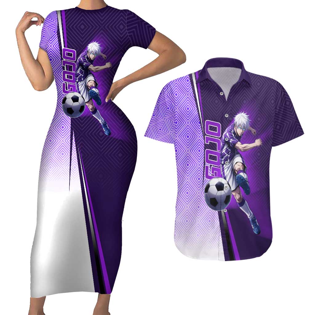 Personalized Gojo Satoru Jujutsu Kaisen Soccer Theme Couples Matching Short Sleeve Bodycon Dress and Hawaiian Shirt with Kicking Pose and Purple Gradient Geometric Graphic Design - The Mazicc