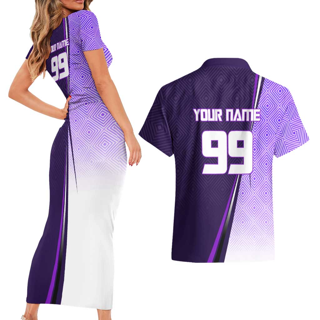 Personalized Gojo Satoru Jujutsu Kaisen Soccer Theme Couples Matching Short Sleeve Bodycon Dress and Hawaiian Shirt with Kicking Pose and Purple Gradient Geometric Graphic Design - The Mazicc