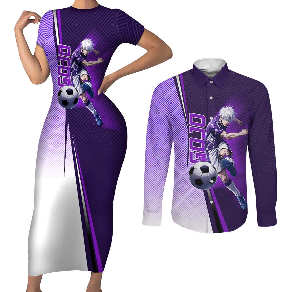 Personalized Gojo Satoru Jujutsu Kaisen Soccer Theme Couples Matching Short Sleeve Bodycon Dress and Long Sleeve Button Shirt with Kicking Pose and Purple Gradient Geometric Graphic Design - The Mazicc