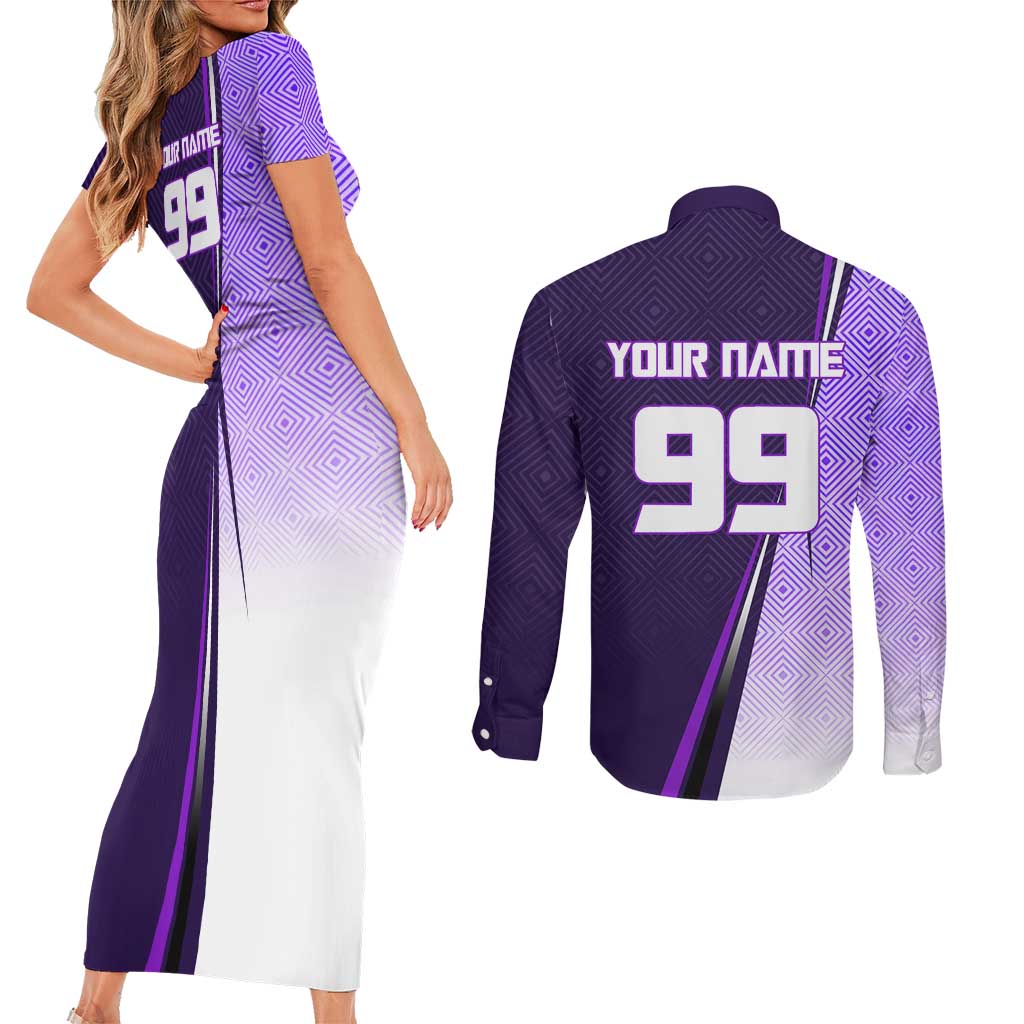 Personalized Gojo Satoru Jujutsu Kaisen Soccer Theme Couples Matching Short Sleeve Bodycon Dress and Long Sleeve Button Shirt with Kicking Pose and Purple Gradient Geometric Graphic Design - The Mazicc