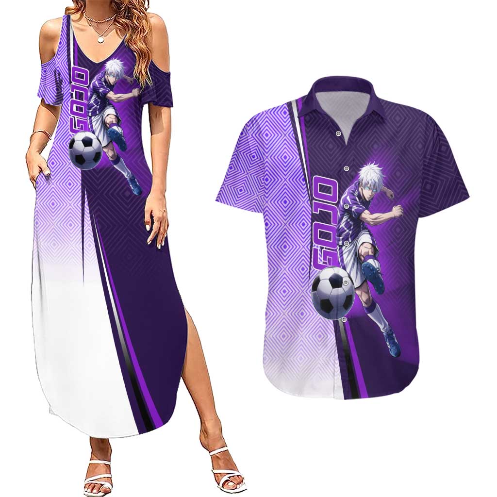 Personalized Gojo Satoru Jujutsu Kaisen Soccer Theme Couples Matching Summer Maxi Dress and Hawaiian Shirt with Kicking Pose and Purple Gradient Geometric Graphic Design - The Mazicc