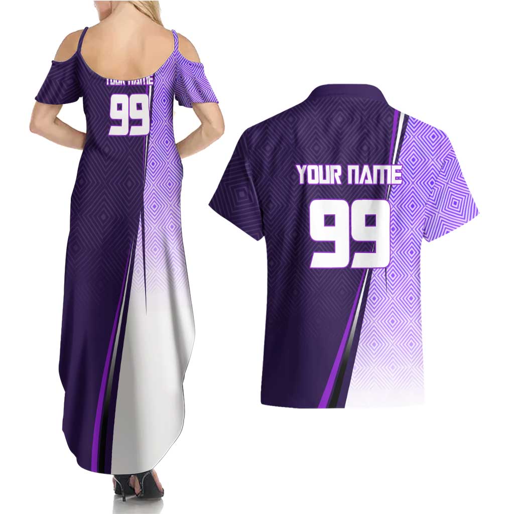 Personalized Gojo Satoru Jujutsu Kaisen Soccer Theme Couples Matching Summer Maxi Dress and Hawaiian Shirt with Kicking Pose and Purple Gradient Geometric Graphic Design - The Mazicc