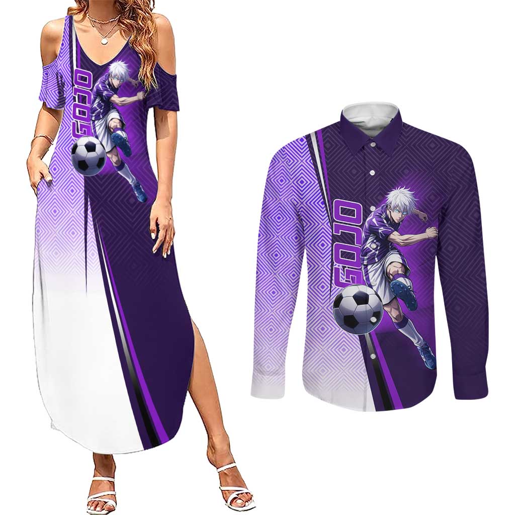 Personalized Gojo Satoru Jujutsu Kaisen Soccer Theme Couples Matching Summer Maxi Dress and Long Sleeve Button Shirt with Kicking Pose and Purple Gradient Geometric Graphic Design - The Mazicc