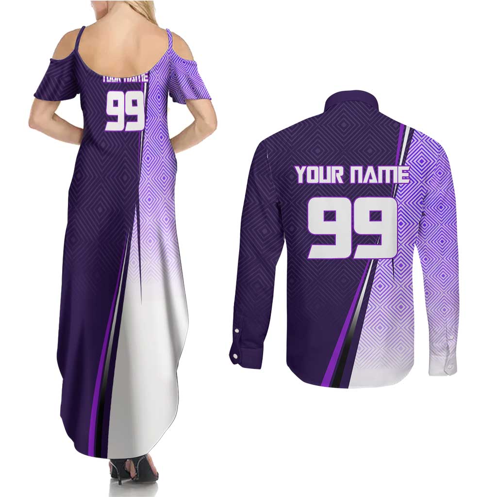 Personalized Gojo Satoru Jujutsu Kaisen Soccer Theme Couples Matching Summer Maxi Dress and Long Sleeve Button Shirt with Kicking Pose and Purple Gradient Geometric Graphic Design - The Mazicc