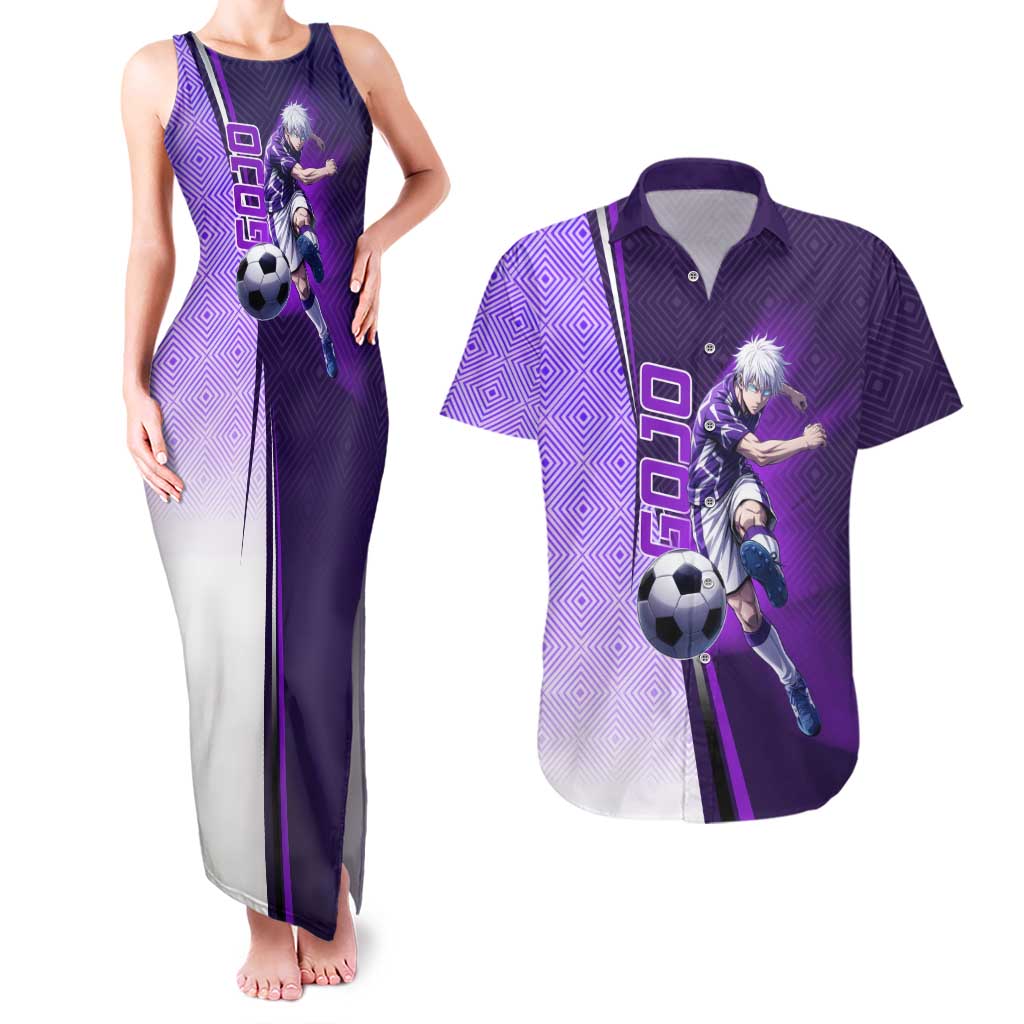Personalized Gojo Satoru Jujutsu Kaisen Soccer Theme Couples Matching Tank Maxi Dress and Hawaiian Shirt with Kicking Pose and Purple Gradient Geometric Graphic Design - The Mazicc