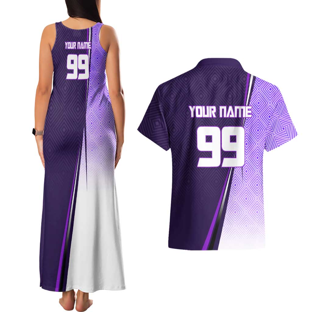 Personalized Gojo Satoru Jujutsu Kaisen Soccer Theme Couples Matching Tank Maxi Dress and Hawaiian Shirt with Kicking Pose and Purple Gradient Geometric Graphic Design - The Mazicc