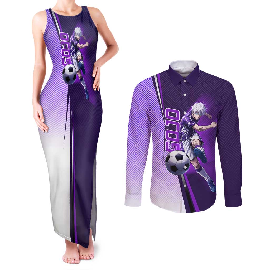 Personalized Gojo Satoru Jujutsu Kaisen Soccer Theme Couples Matching Tank Maxi Dress and Long Sleeve Button Shirt with Kicking Pose and Purple Gradient Geometric Graphic Design - The Mazicc