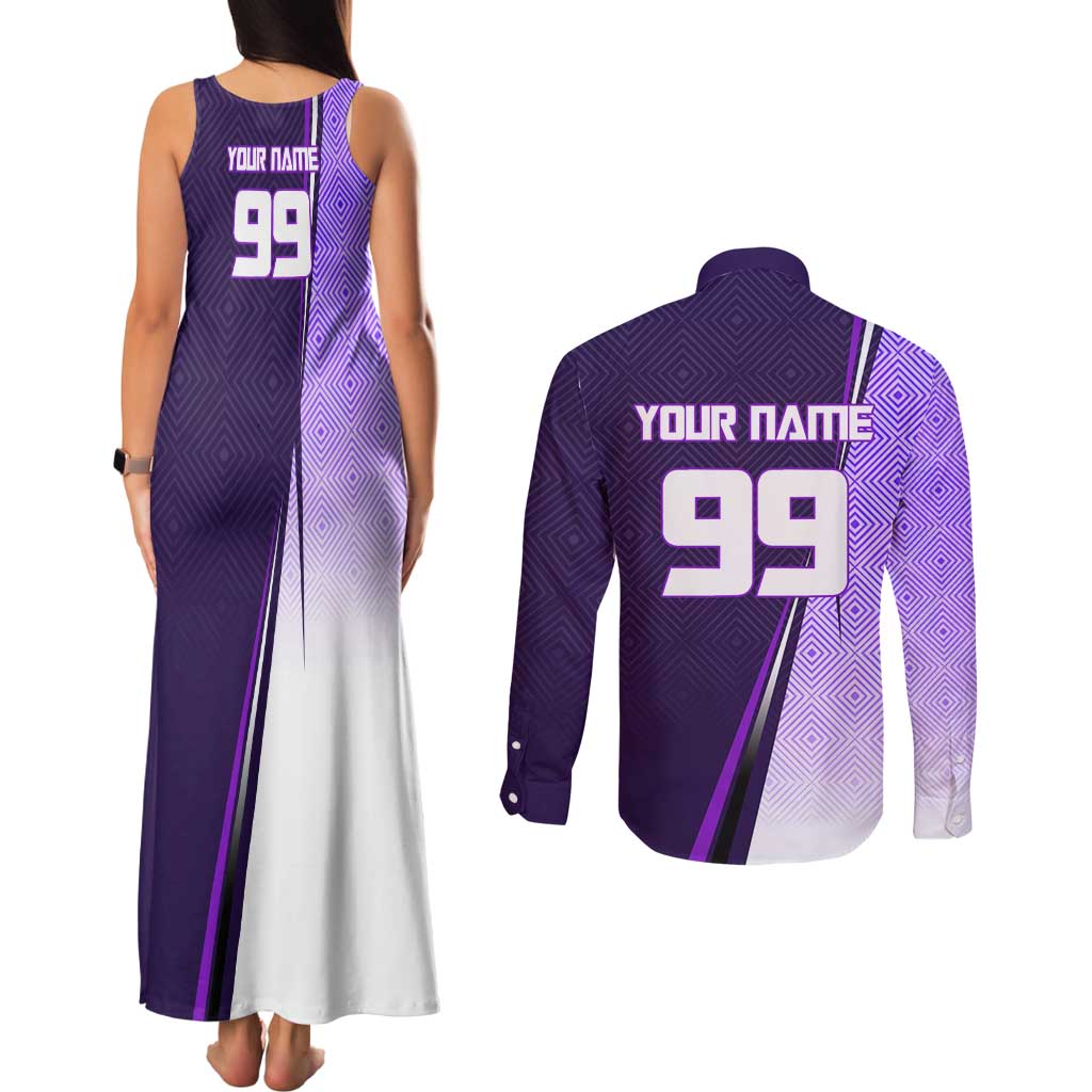 Personalized Gojo Satoru Jujutsu Kaisen Soccer Theme Couples Matching Tank Maxi Dress and Long Sleeve Button Shirt with Kicking Pose and Purple Gradient Geometric Graphic Design - The Mazicc