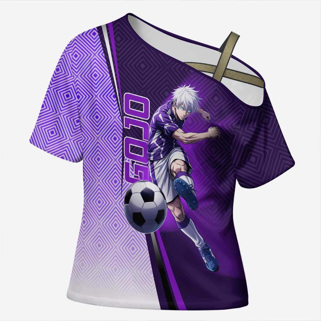 Personalized Gojo Satoru Jujutsu Kaisen Soccer Theme Cross Shoulder Shirt with Kicking Pose and Purple Gradient Geometric Graphic Design - The Mazicc