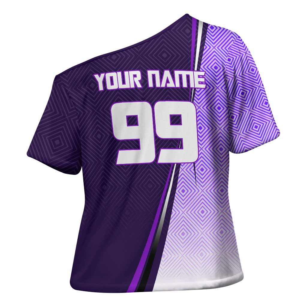 Personalized Gojo Satoru Jujutsu Kaisen Soccer Theme Cross Shoulder Shirt with Kicking Pose and Purple Gradient Geometric Graphic Design - The Mazicc