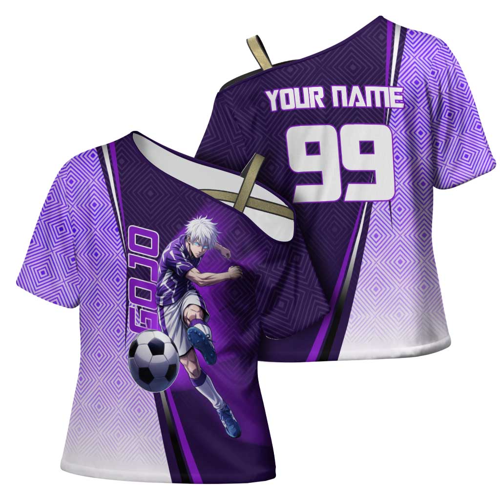 Personalized Gojo Satoru Jujutsu Kaisen Soccer Theme Cross Shoulder Shirt with Kicking Pose and Purple Gradient Geometric Graphic Design - The Mazicc